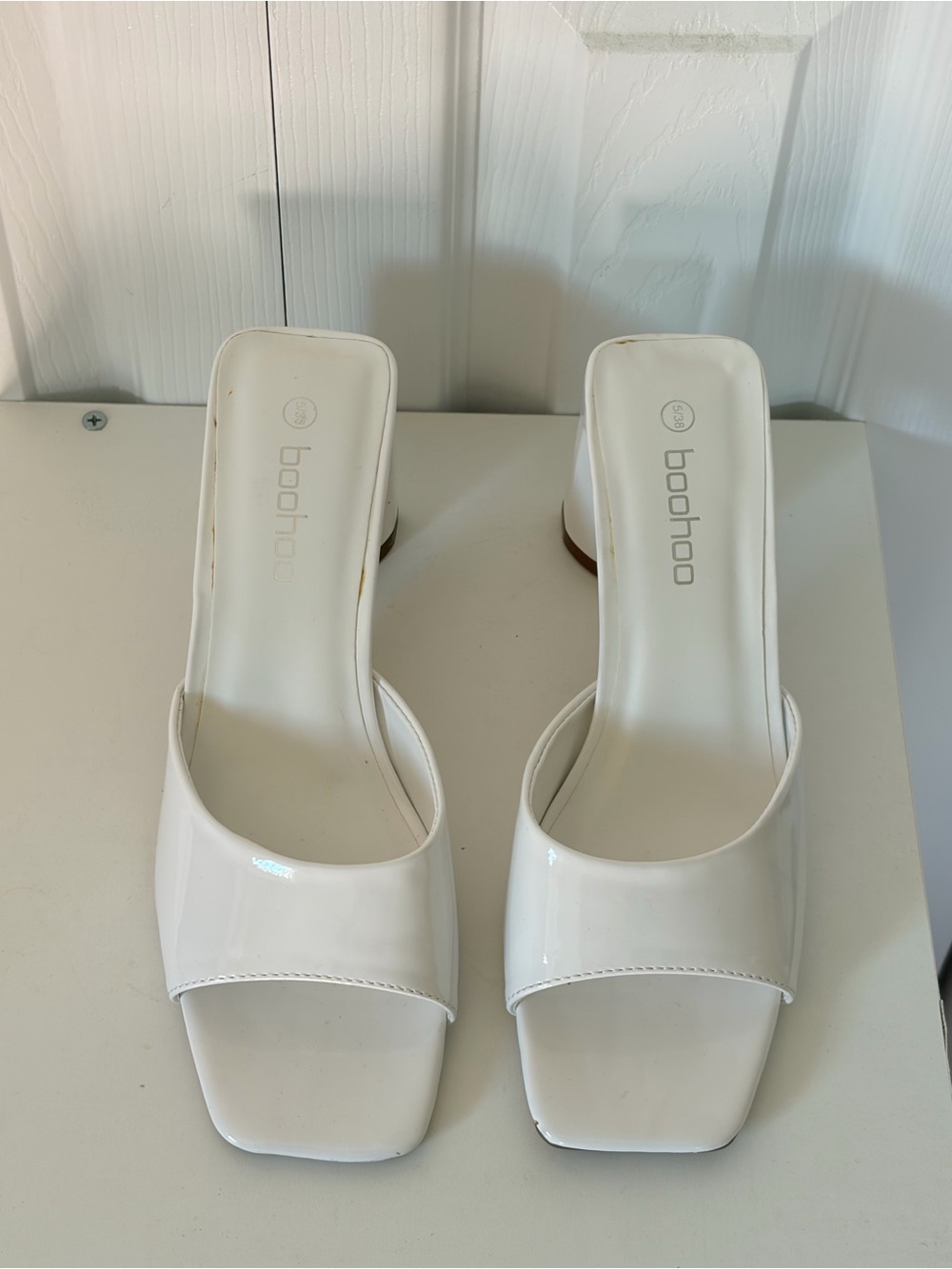 Boohoo White Patent Square-Toe Slide Mules